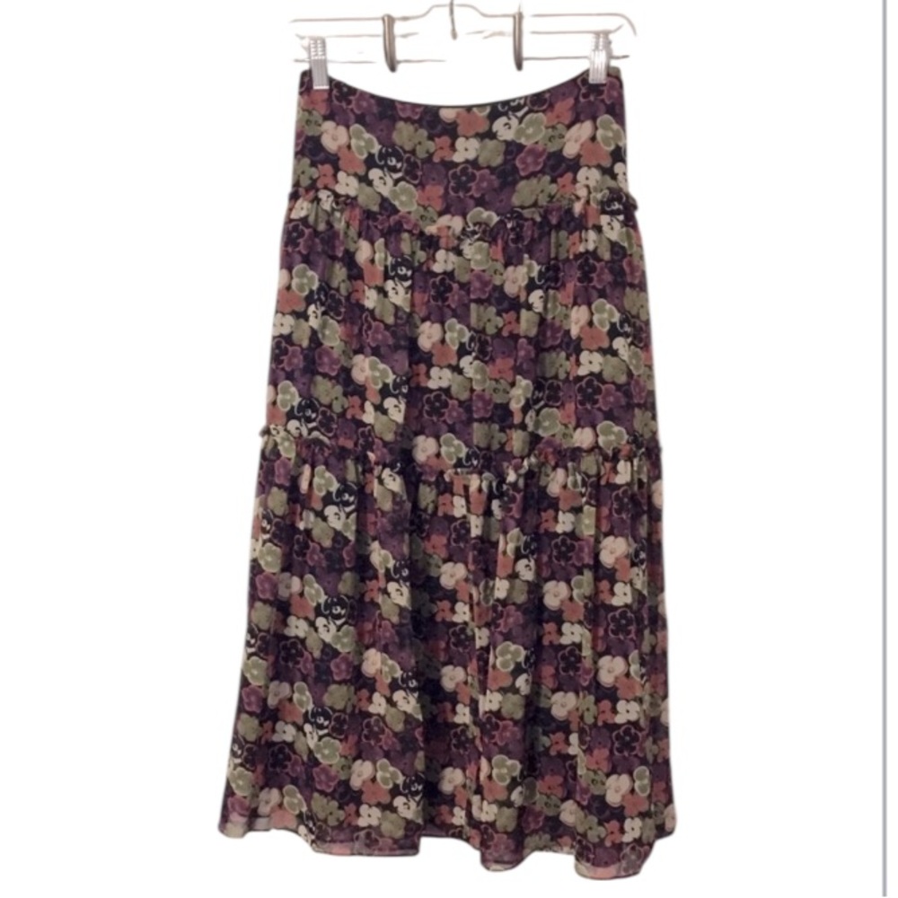 Jones New York Floral Silk Bohemian Pleated Tiered Ruffled Full Midi Skirt Sz 16